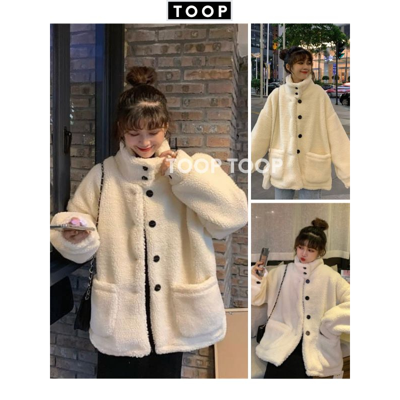 Áo khoác lông cừu nữ hàng khuy 2 túi cổ cáo siêu kute dễ thương ,kiểu dáng hàn quốc , áo khoác mùa đông -TOOP