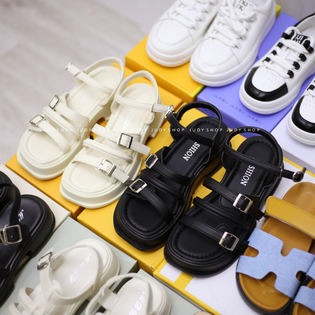 Giày Bánh Mì - Giày Sandal Nữ Đế Độn 3 Quai Ngang Khuy Cao 5p QCCC