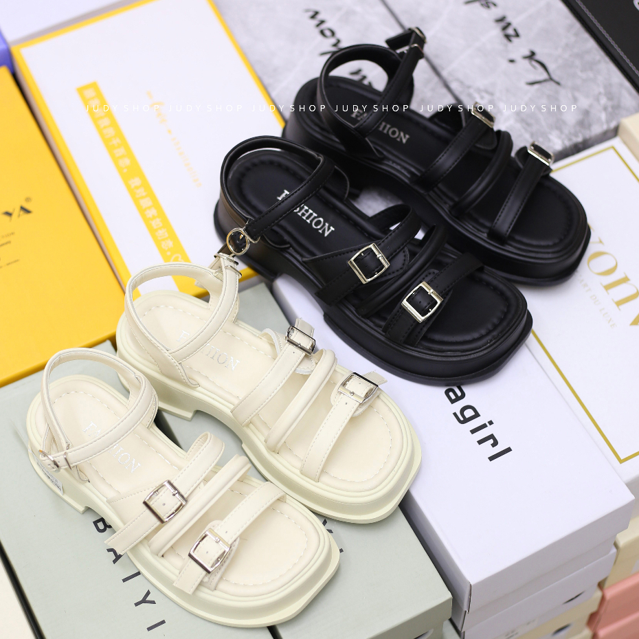 Giày Bánh Mì - Giày Sandal Nữ Đế Độn 3 Quai Ngang Khuy Cao 5p QCCC