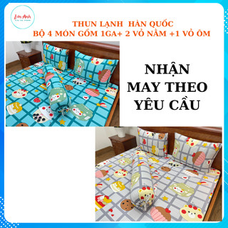 Bộ ga giường, Drap nệm Thun Lạnh Hàn Quốc 4 món họa tiết Hoạt hình