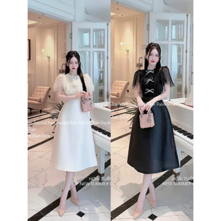 Đầm dáng chữ A phối ren lưới chấm bi đính nơ Datasco