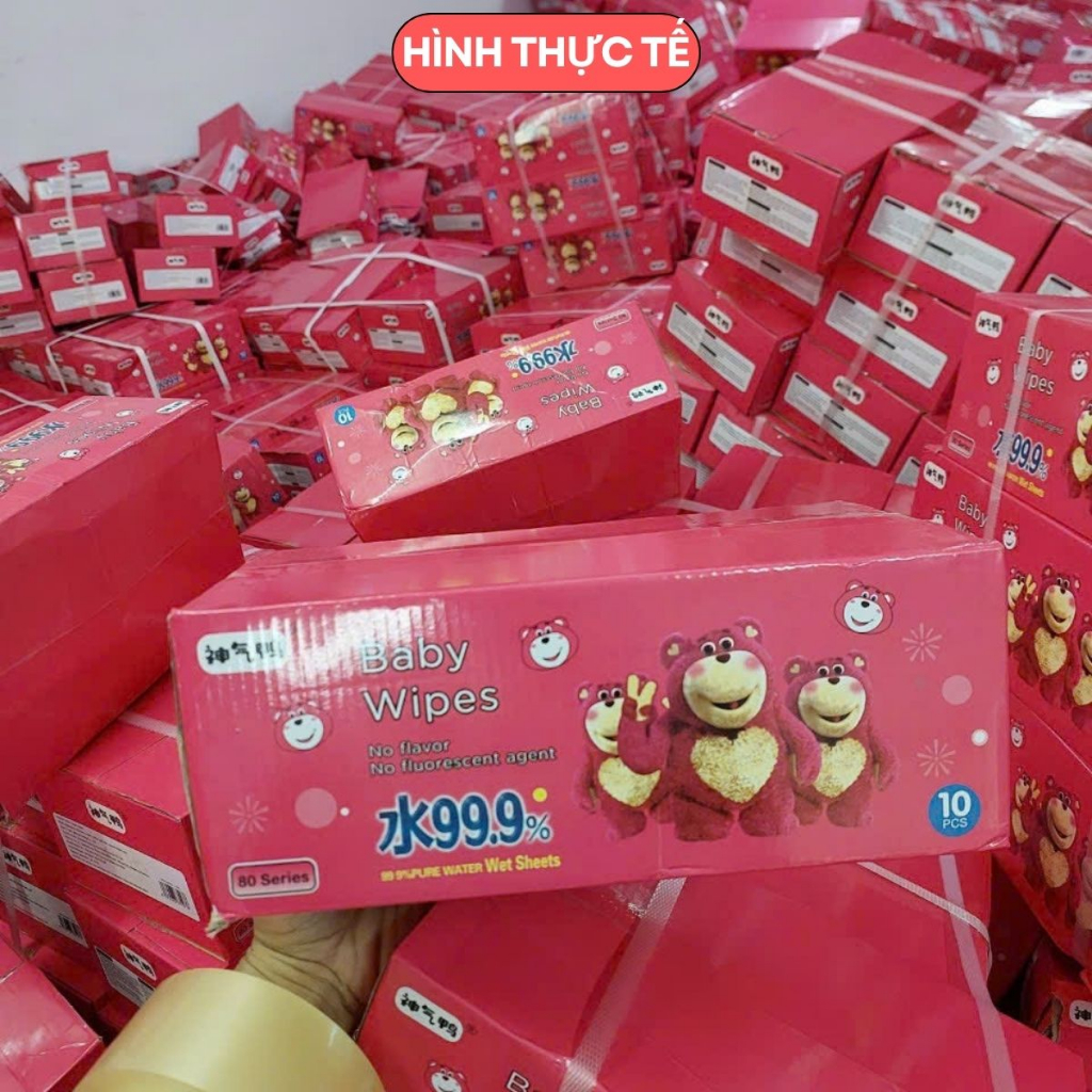 Thùng khăn ướt 10 Bịch Gấu Dâu, Khăn lau đa năng không mùi siêu mịn kháng khuẩn