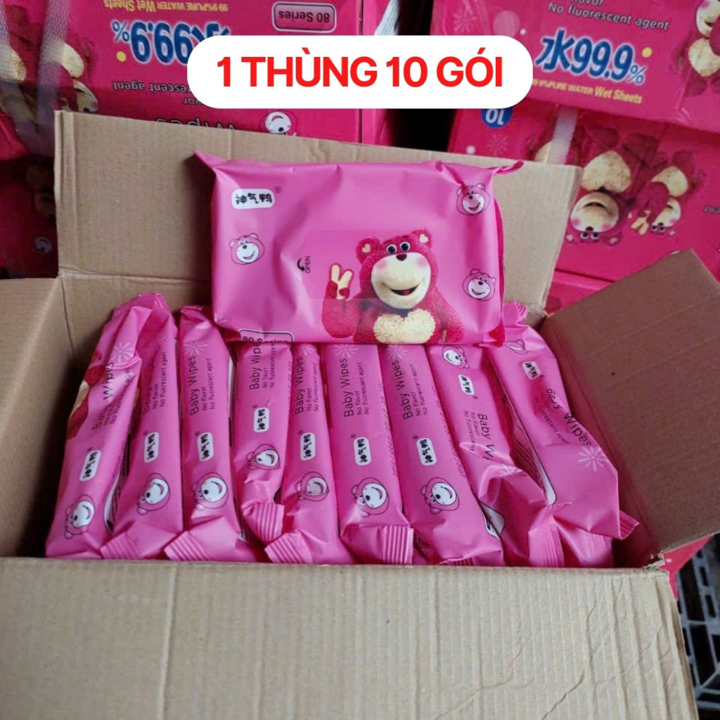 Thùng khăn ướt 10 Bịch Gấu Dâu, Khăn lau đa năng không mùi siêu mịn kháng khuẩn