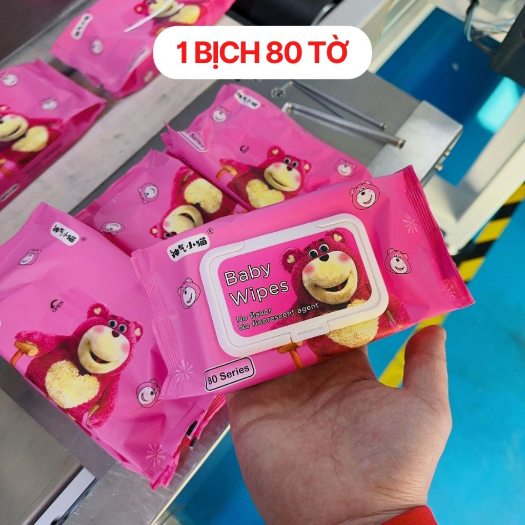 Thùng khăn ướt 10 Bịch Gấu Dâu, Khăn lau đa năng không mùi siêu mịn kháng khuẩn