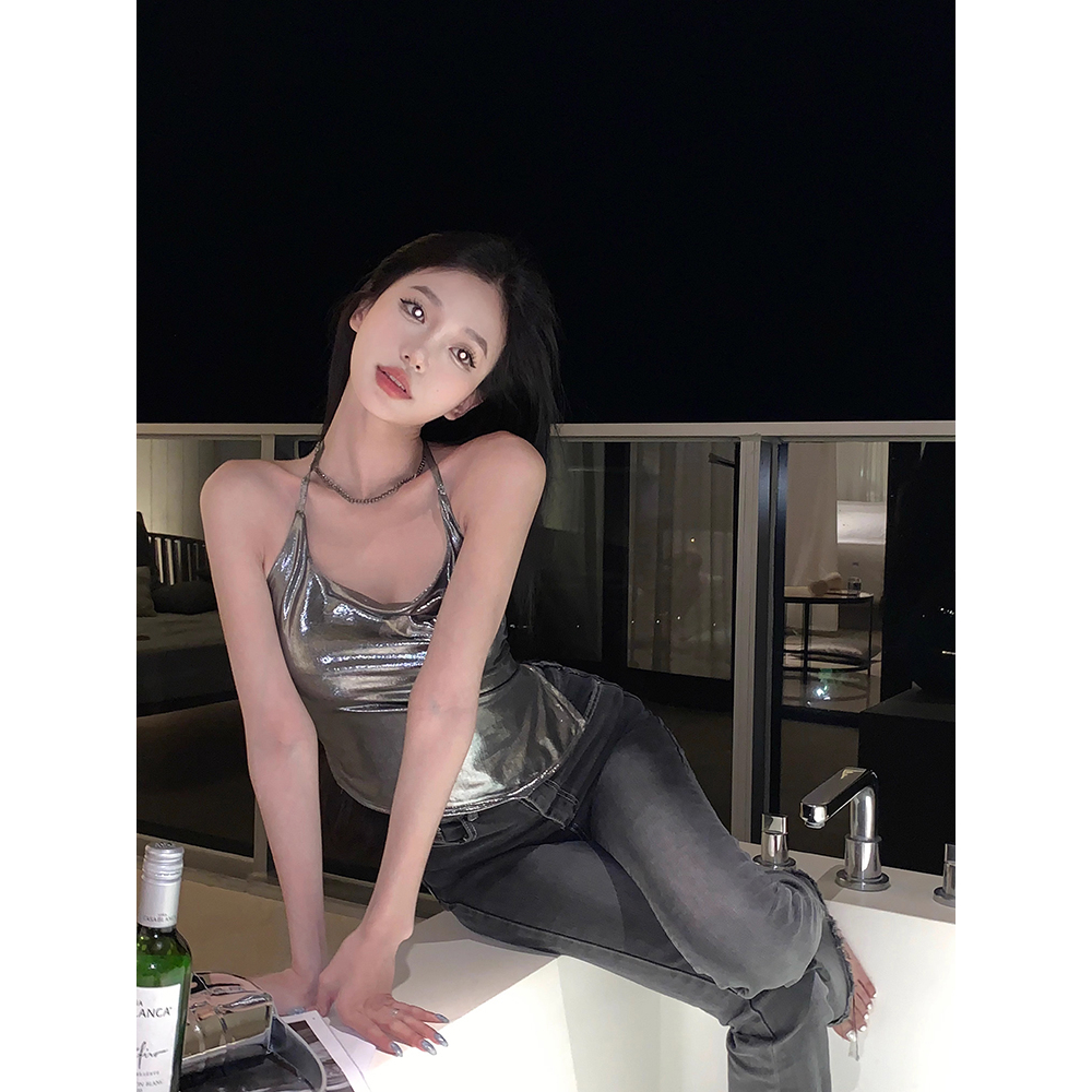 Áo croptop da bóng Cổ yếm Hở lưng Ôm body sexy Áo croptop Đi quẩy bar pub club Dạo phố Da bóng Màu bạc