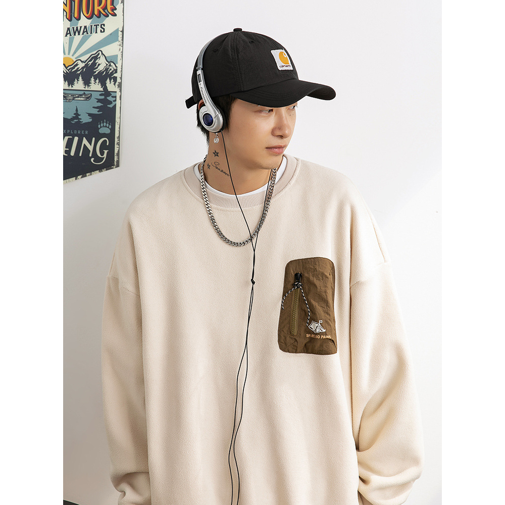 Áo sweater nam phom rộng phối túi khóa ngực