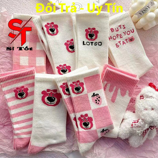 Set 10 Đôi Tất Gấu Hồng Cổ Cao Nữ Hoạ Tiết Gấu Lotso Dễ Thương Chất Liệu Co Giãn