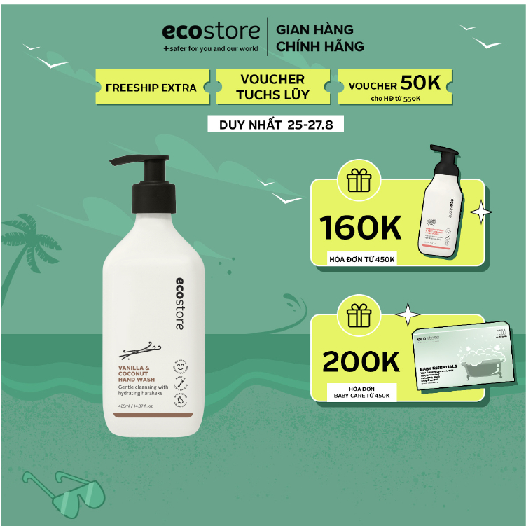 Nước rửa tay gốc thực vật ECOSTORE diệt khuẩn dưỡng ẩm  không khô da - Hương Vani & Dừa 425ml