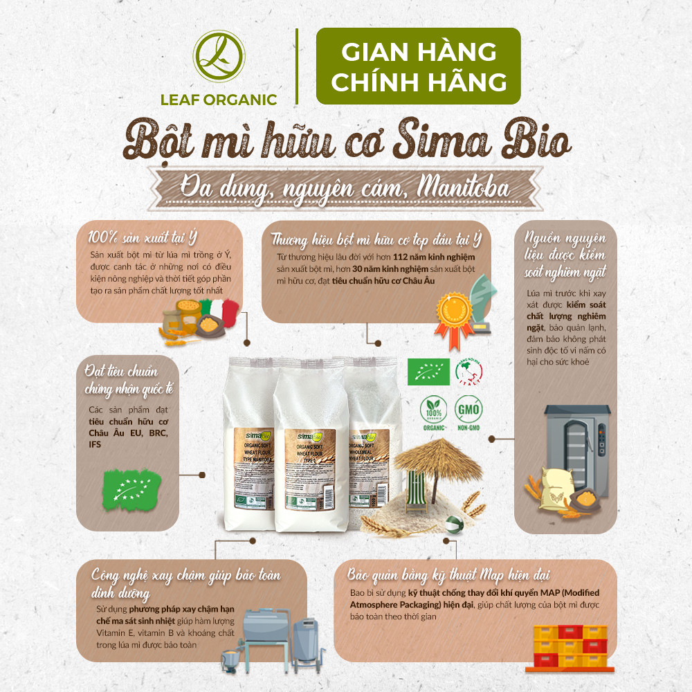 Bột mì hữu cơ Sima Bio 1kg các loại nguyên cám, đa dụng, Manitoba