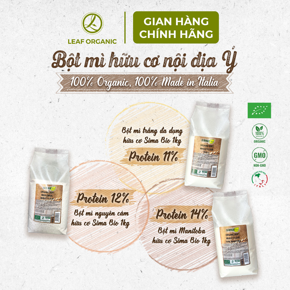 Bột mì hữu cơ Sima Bio 1kg các loại nguyên cám, đa dụng, Manitoba