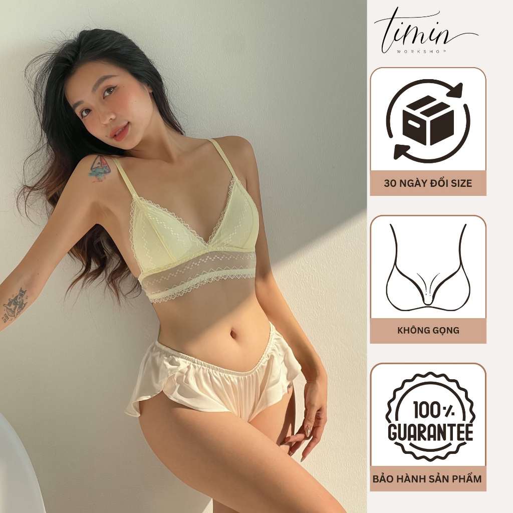 TM32 Vàng Áo Bra Ren Không Gọng Có Mút, Quần Bèo Sexy Thiết Kế TIMIN WORKSHOP