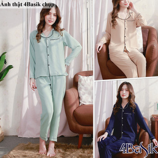 Bộ ngủ pijama nữ dài tay 4BASIK, bộ ngủ mặc nhà chất liệu đũi lụa siêu xinh - BN02