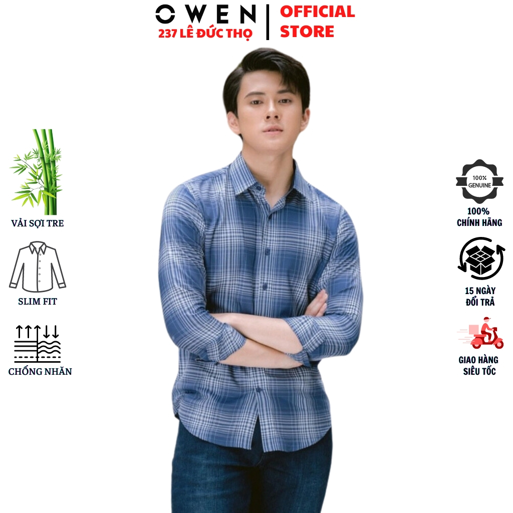 Áo sơ mi nam OWEN AS220139D somi dài tay công sở kẻ caro navy trắng form slim fit tà lượn không túi chất sợi tre cao cấp