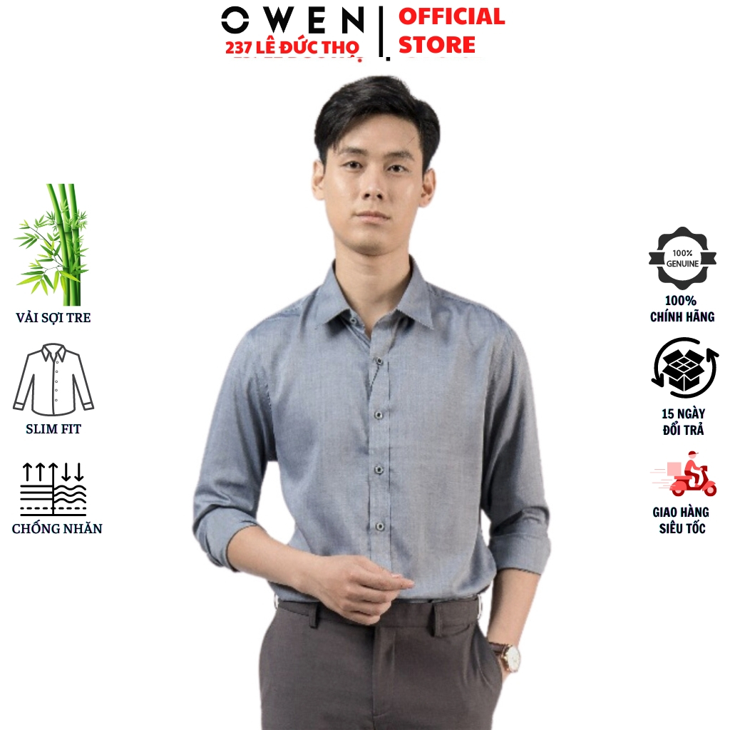 Áo sơ mi nam OWEN AS220136D somi dài tay công sở oxford ghi form Slim fit tà lượn không túi chất sợi tre cao cấp mềm mát
