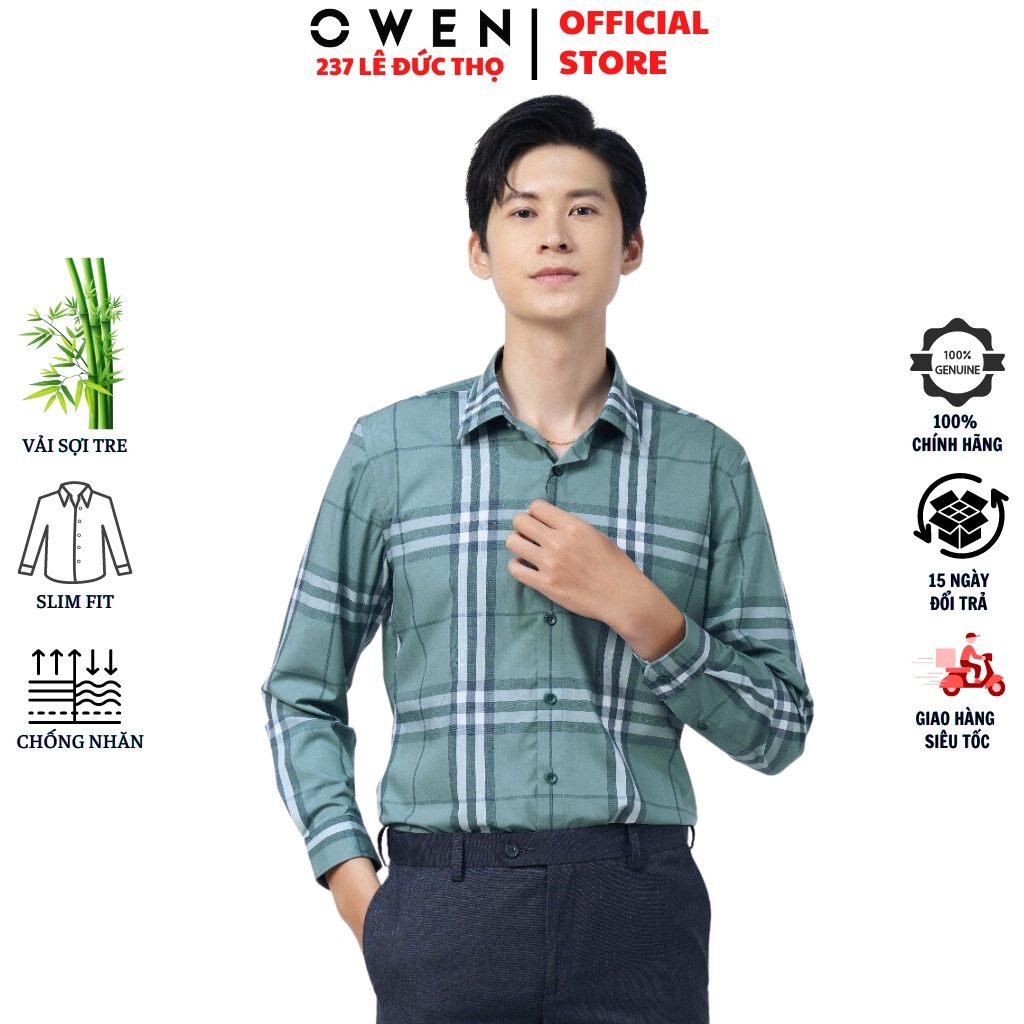 Áo sơ mi nam OWEN AS220854D somi dài tay công sở kẻ caro lớn xanh đậm slim fit tà lượn không túi chất sợi tre cao cấp