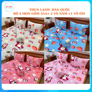Bộ ga giường, drap nệm thun lạnh hàn quốc 4 món họa tiết gấu dâu