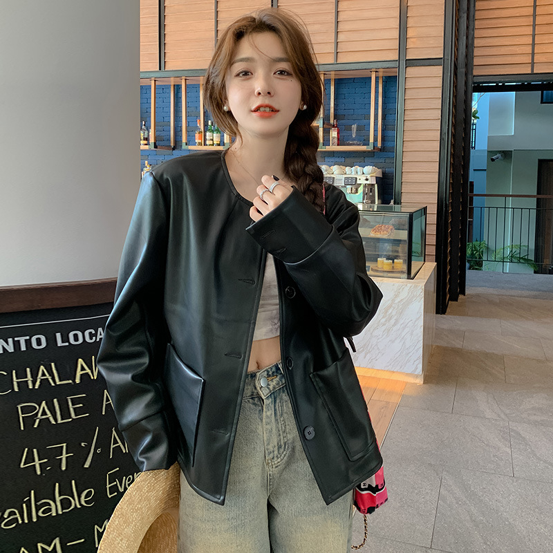 Áo khoác da nữ MUS cài khuy chất liệu da cao cấp dáng ngắn phong cách Hàn Quốc 02 | BigBuy360 - bigbuy360.vn