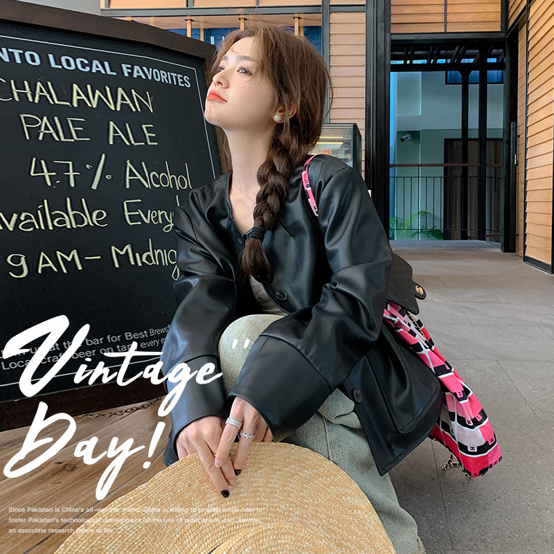 Áo khoác da nữ MUS cài khuy chất liệu da cao cấp dáng ngắn phong cách Hàn Quốc 02 | BigBuy360 - bigbuy360.vn