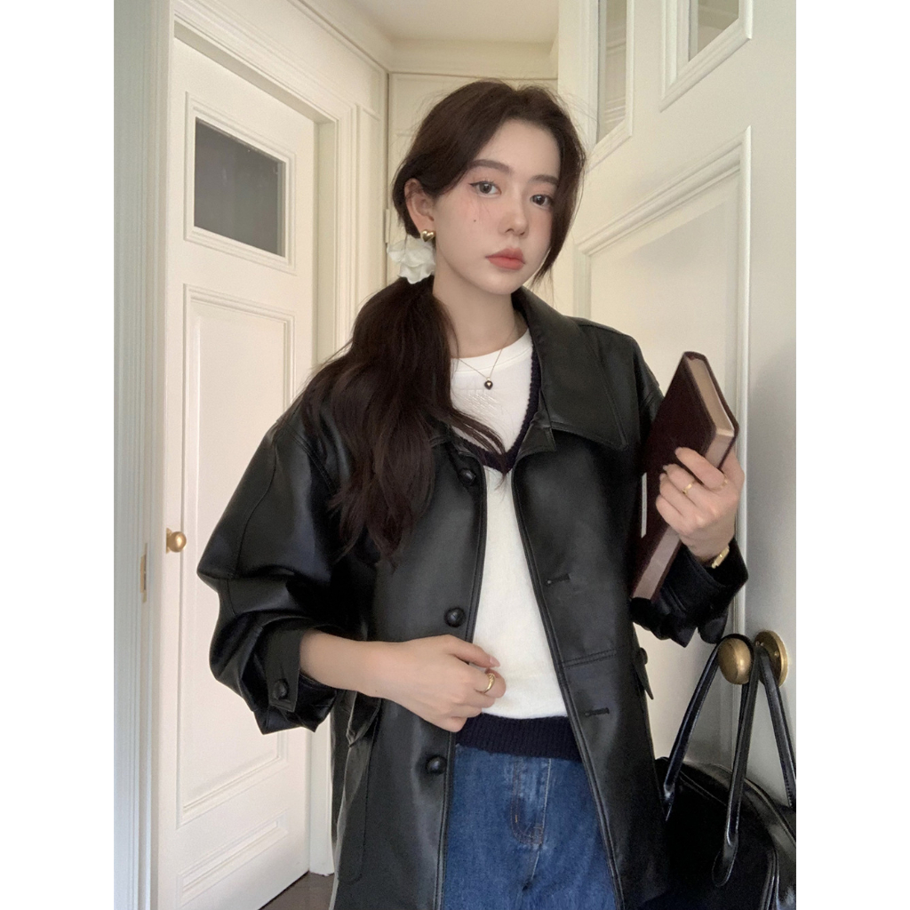 Áo khoác da nữ MUS cài khuy chất liệu da cao cấp dáng ngắn phong cách Hàn Quốc 07 | BigBuy360 - bigbuy360.vn