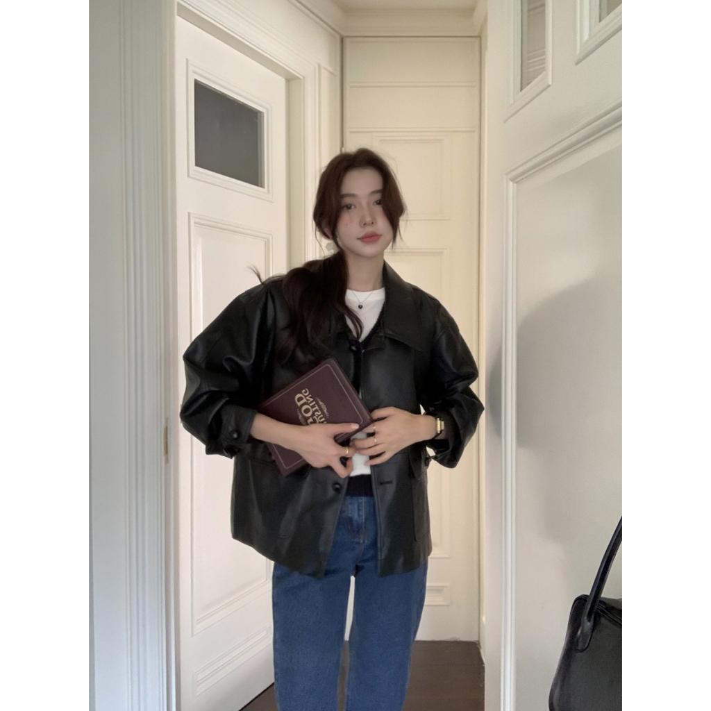 Áo khoác da nữ MUS cài khuy chất liệu da cao cấp dáng ngắn phong cách Hàn Quốc 07 | BigBuy360 - bigbuy360.vn