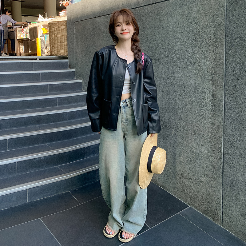 Áo khoác da nữ MUS cài khuy chất liệu da cao cấp dáng ngắn phong cách Hàn Quốc 02