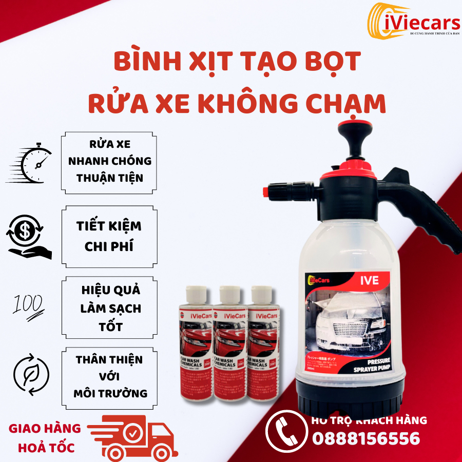 Dung dịch rửa xe không chạm dung tích 200ml kèm bình phun tuyết cầm tay iViecars đánh bay mọi vết bẩn xe ô tô hiệu quả