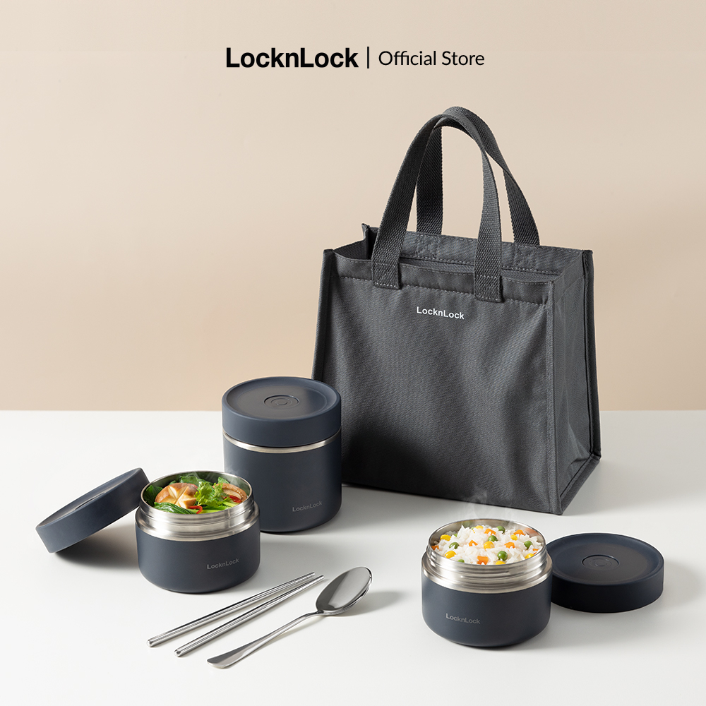 Bộ hộp cơm giữ nhiệt Lock&Lock Pump Vacuum Lunch Box (300ml*2, 500ml*1, bộ đũa và thìa, túi) LHC8052S02