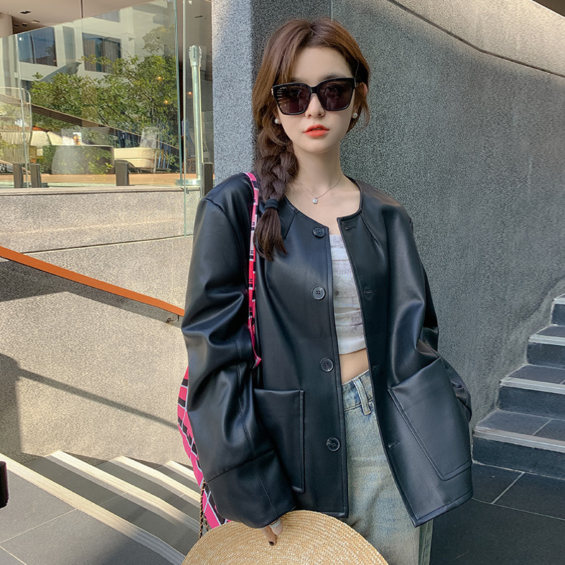 Áo khoác da nữ MUS cài khuy chất liệu da cao cấp dáng ngắn phong cách Hàn Quốc 09 | BigBuy360 - bigbuy360.vn