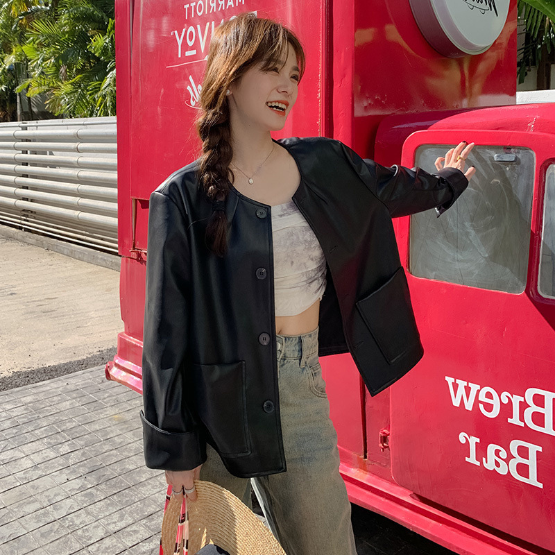 Áo khoác da nữ MUS cài khuy chất liệu da cao cấp dáng ngắn phong cách Hàn Quốc 09 | BigBuy360 - bigbuy360.vn