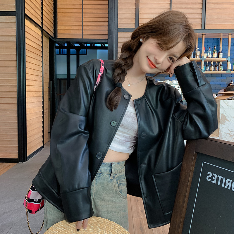 Áo khoác da nữ MUS cài khuy chất liệu da cao cấp dáng ngắn phong cách Hàn Quốc 09 | BigBuy360 - bigbuy360.vn