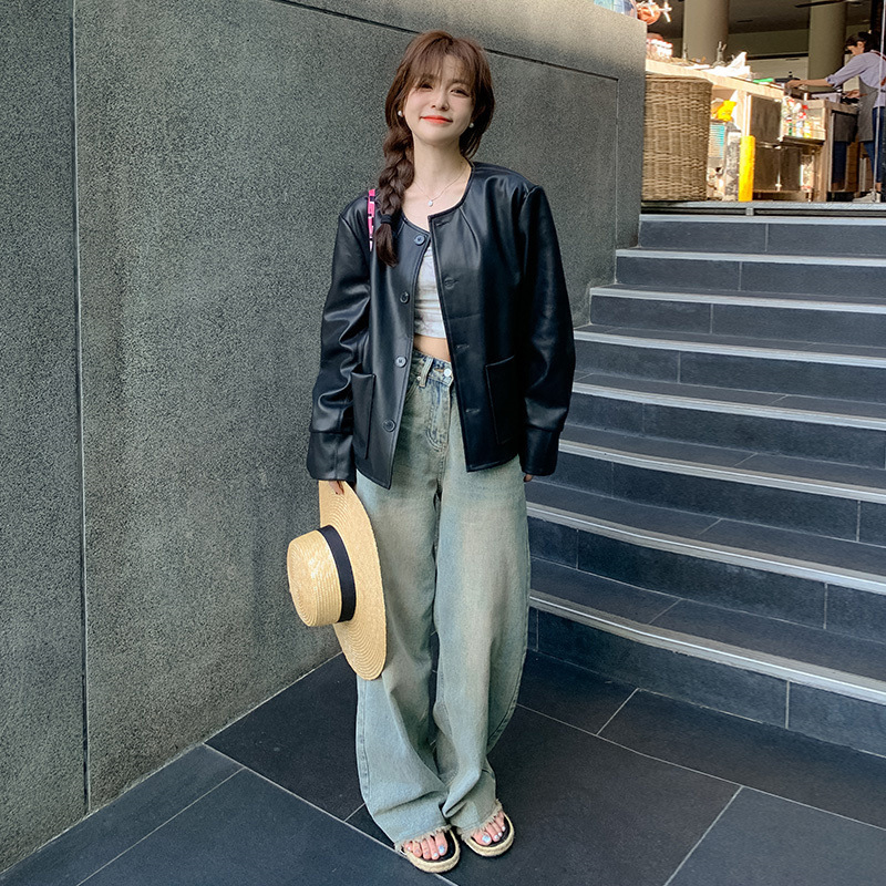 Áo khoác da nữ MUS cài khuy chất liệu da cao cấp dáng ngắn phong cách Hàn Quốc 09 | BigBuy360 - bigbuy360.vn