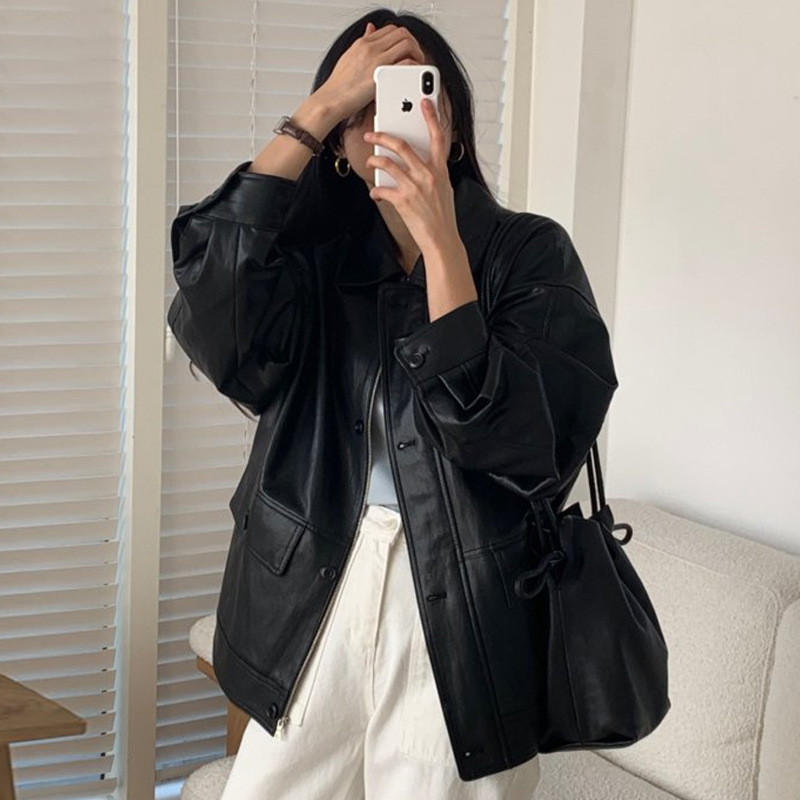 Áo khoác da nữ MUS cài khuy chất liệu da cao cấp dáng ngắn phong cách Hàn Quốc 14