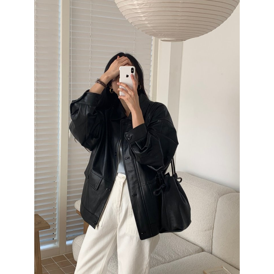 Áo khoác da nữ MUS cài khuy chất liệu da cao cấp dáng ngắn phong cách Hàn Quốc 14 | BigBuy360 - bigbuy360.vn