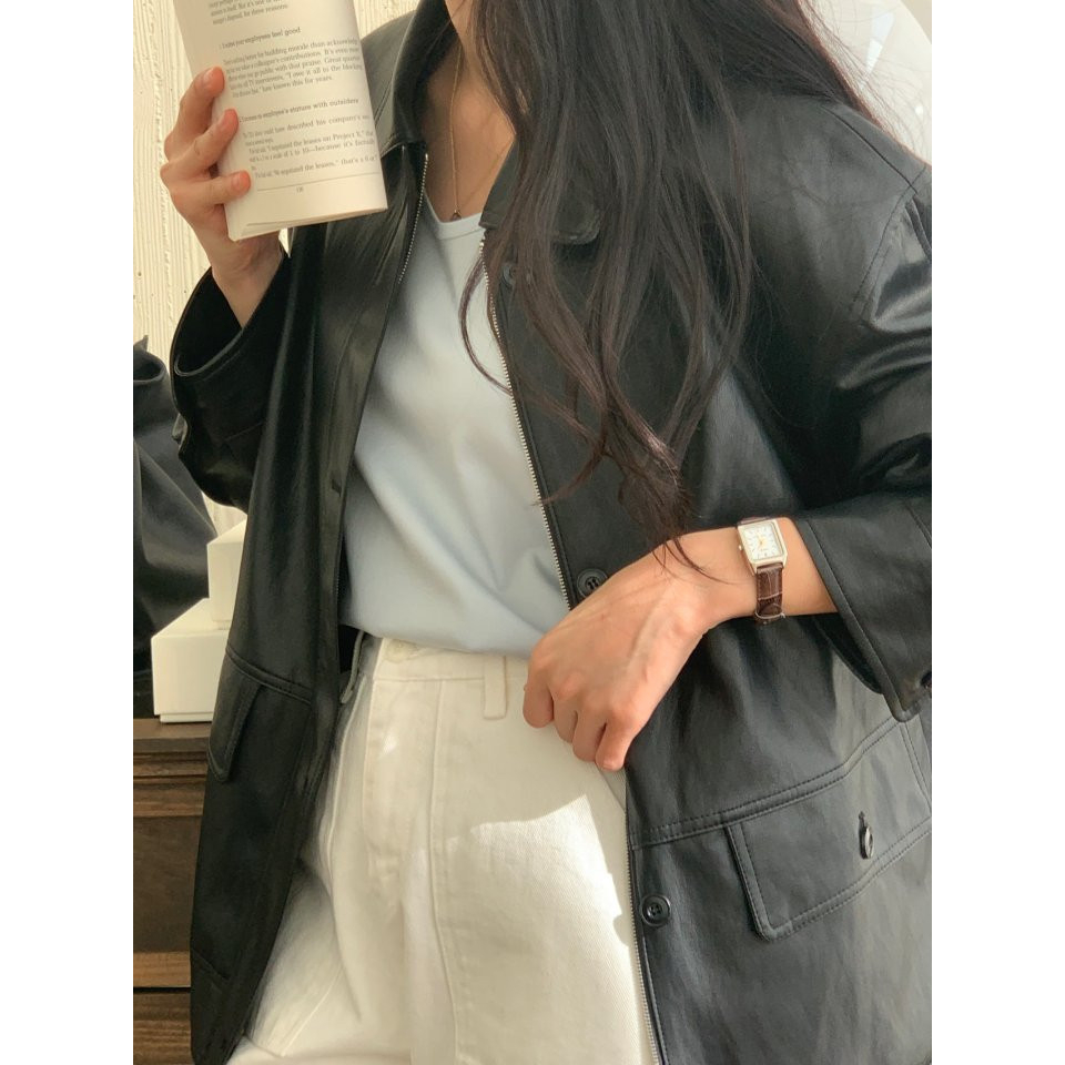 Áo khoác da nữ MUS cài khuy chất liệu da cao cấp dáng ngắn phong cách Hàn Quốc 14 | BigBuy360 - bigbuy360.vn