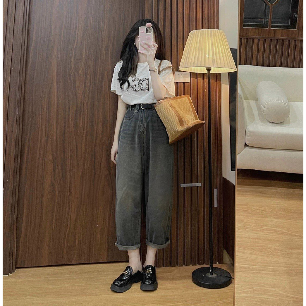 Quần jean baggy nữ thụng xanh khói tặng kèm đai siêu xinh