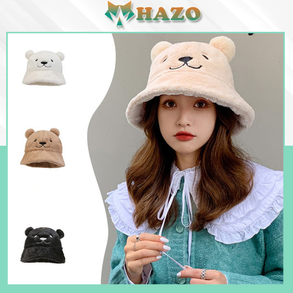 Nón Bucket Vành Cụp Lông Gấu 531 Nón Tai Bèo Vành Cụp Mùa Đông Phong Cách Hàn Quốc