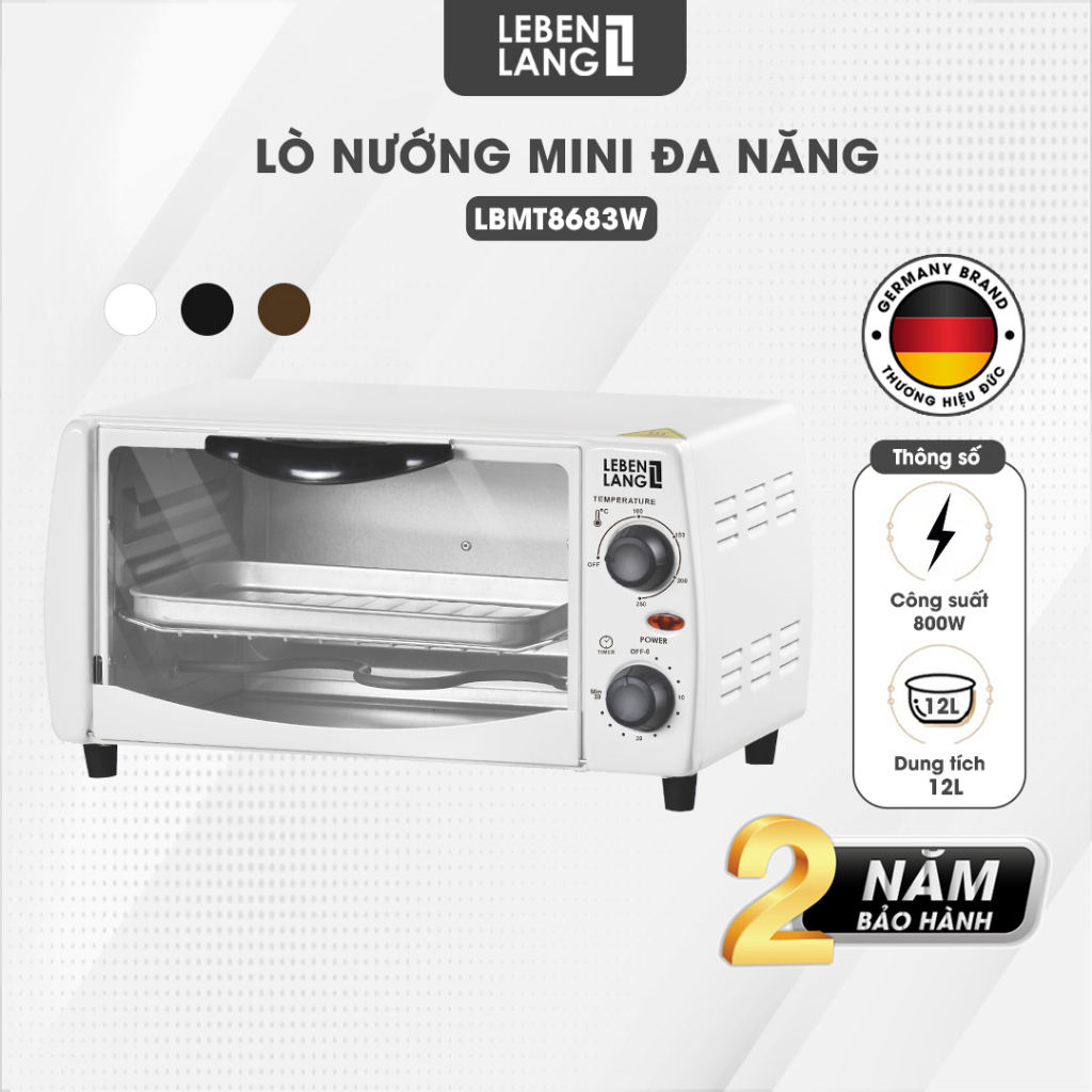 Lò nướng mini đa năng LEBENLANG, công suất 800W, dung tích 12l, bảo hành 24 tháng, màu trắng - LBMT8683W