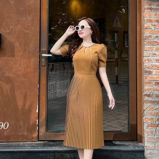 Đầm váy nữ cotton lạnh dập ly cổ tròn dập đá nâu vàng đỏ sang trọng thanh lịch