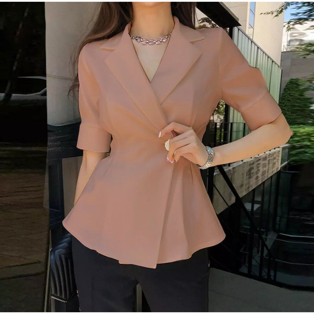 Áo Khoác Vest Blazer Một Nút Tay Ngắn Dáng Dài Thanh Lịch