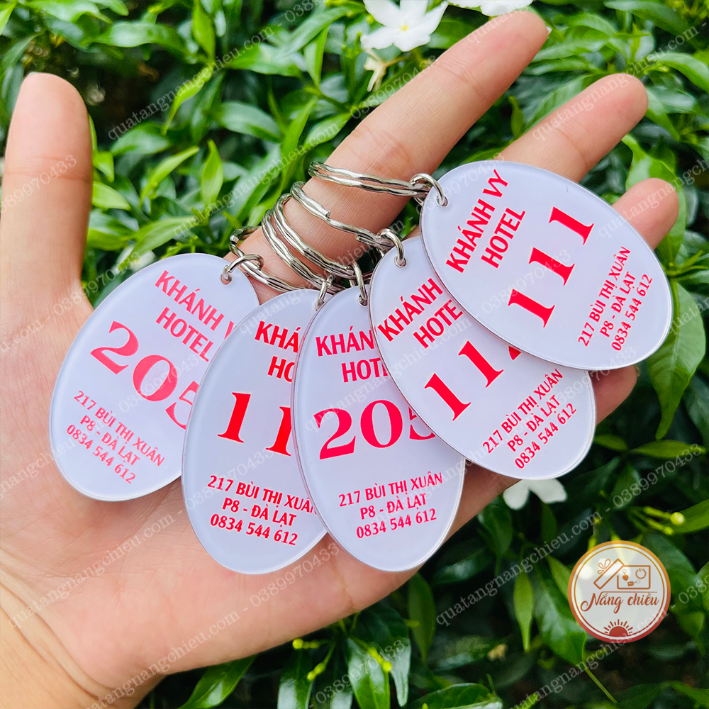 Móc nhà nghỉ , khách sạn , hotel, treo chìa khóa phòng , in logo, thương hiệu , quảng cáo khai trương , in theo yêu cầu