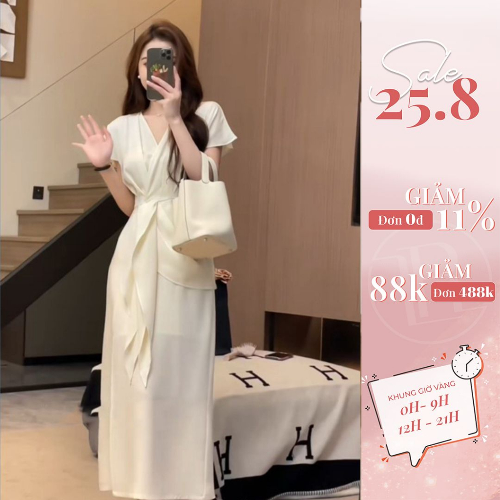 Váy Công Sở Dáng Dài Cổ V Xếp Li Eo Larosa Chất Lụa Cao Cấp Mềm Mát, Thiết Kế Đai Eo Cách Điệu, Tặng Dây Buộc Cổ V930