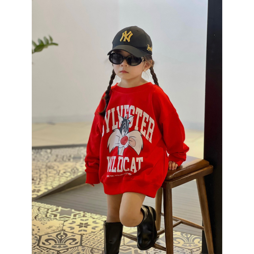 Áo nỉ cổ tròn mèo pony cat cho bé , áo sweater street wear trẻ em bé gái , Kid_genz