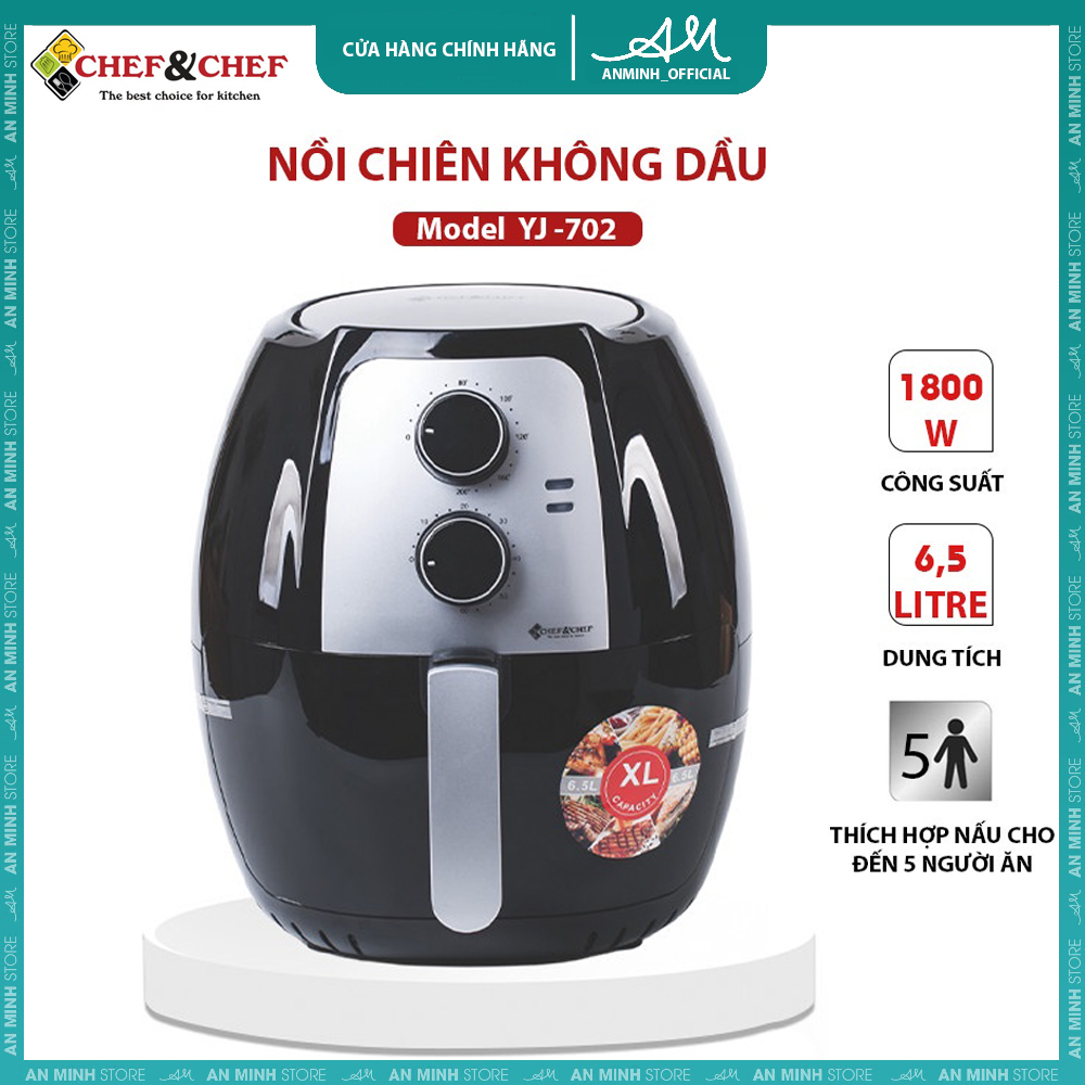 Nồi Chiên Không Dầu CHEF&CHEF 6,5l YJ – 702, thiết kể mang kiểu dáng hiện đại, sang trọng với màu đen bắt mắt