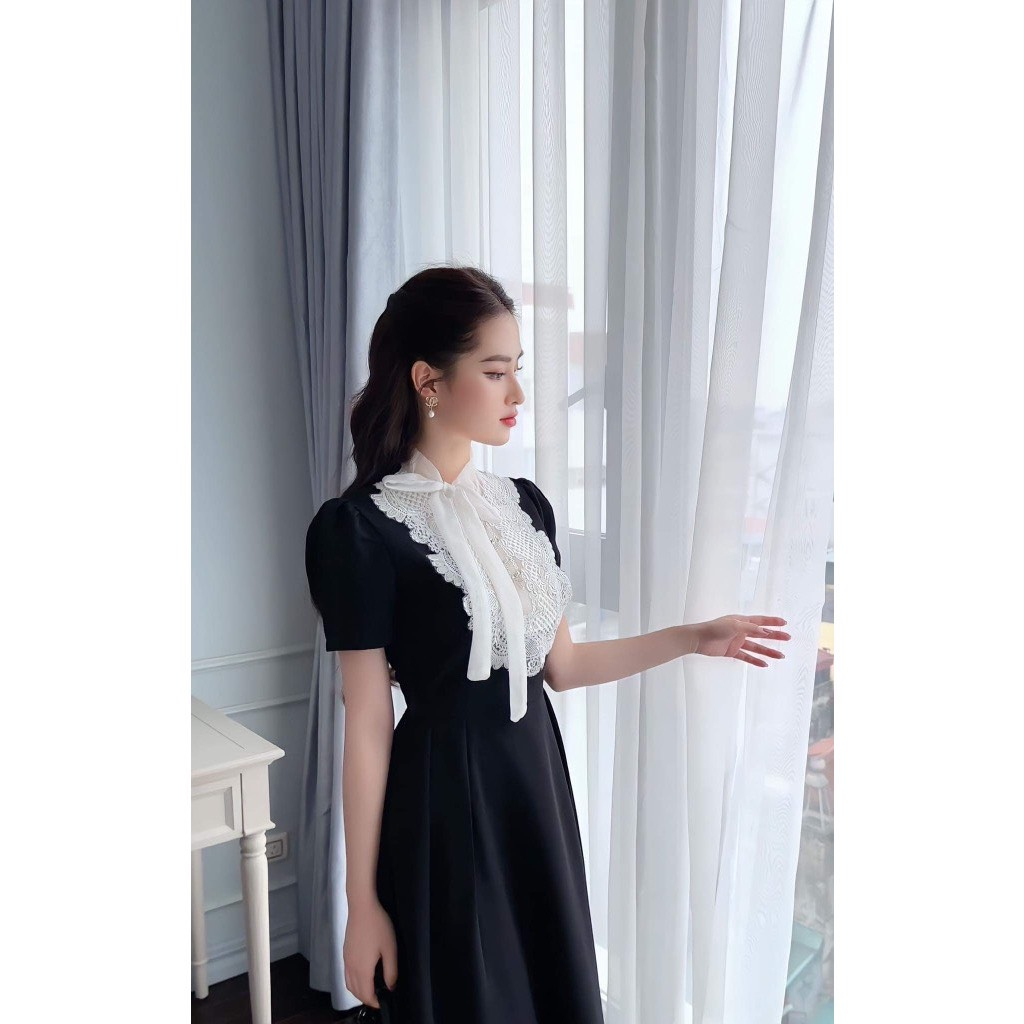 Váy Đen Dáng Dài Cổ Trắng Tiểu Thư