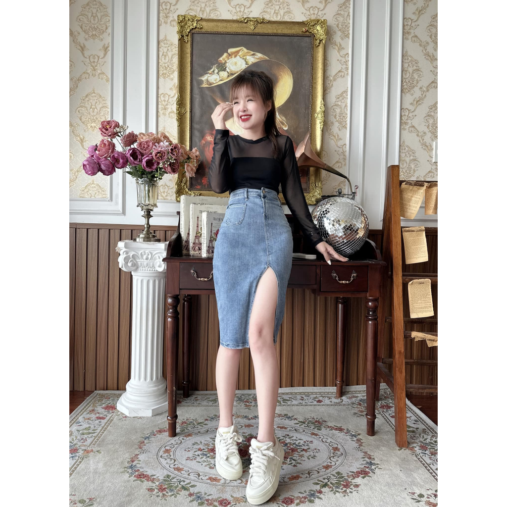 [ ẢNH THẬT ] CHÂN VÁY JEAN XẺ CHÉO DÁNG DÀI