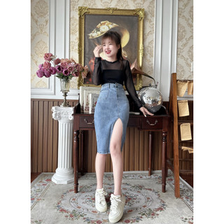 Chân váy jean xẻ chéo dáng dài