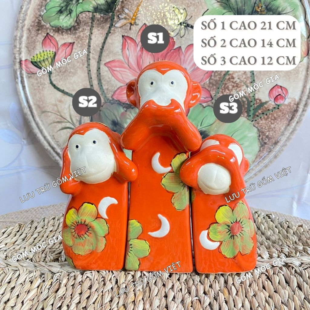 Bộ 3 khỉ cao trang trí , decor nhà , sân vườn - GỐM MỘC GIA - men bóng màu nổi bật , nhiều mẫu