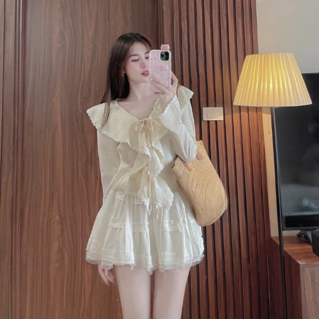 Sét váy nữ DEMAY, kiểu dáng tiểu thư áo phối bèo mix chân váy xòe có quần lót trong