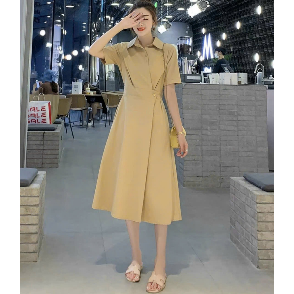 Đầm váy freesize sơ mi nút eo tay ngắn 8 màu