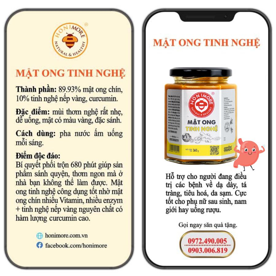 Mật ong rừng tinh bột nghệ Honimore 360g và Mật ong nguyên chất 360g - tốt cho dạ dày, đẹp da